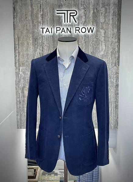 Product Showcase: Dark Blue Corduroy Suit Jacket with Custom Logo