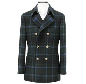 Green Double-Breasted Tartan Plaid Silk Medium Overcoat