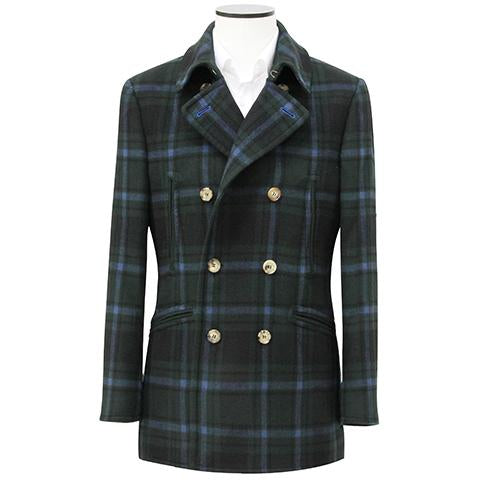 Green Double-Breasted Tartan Plaid Silk Medium Overcoat